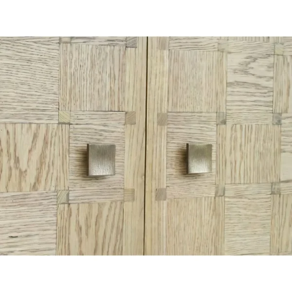 Oak Checkerboard Marquetry Cabinet on Tall Legs in natural oak — in a room setting