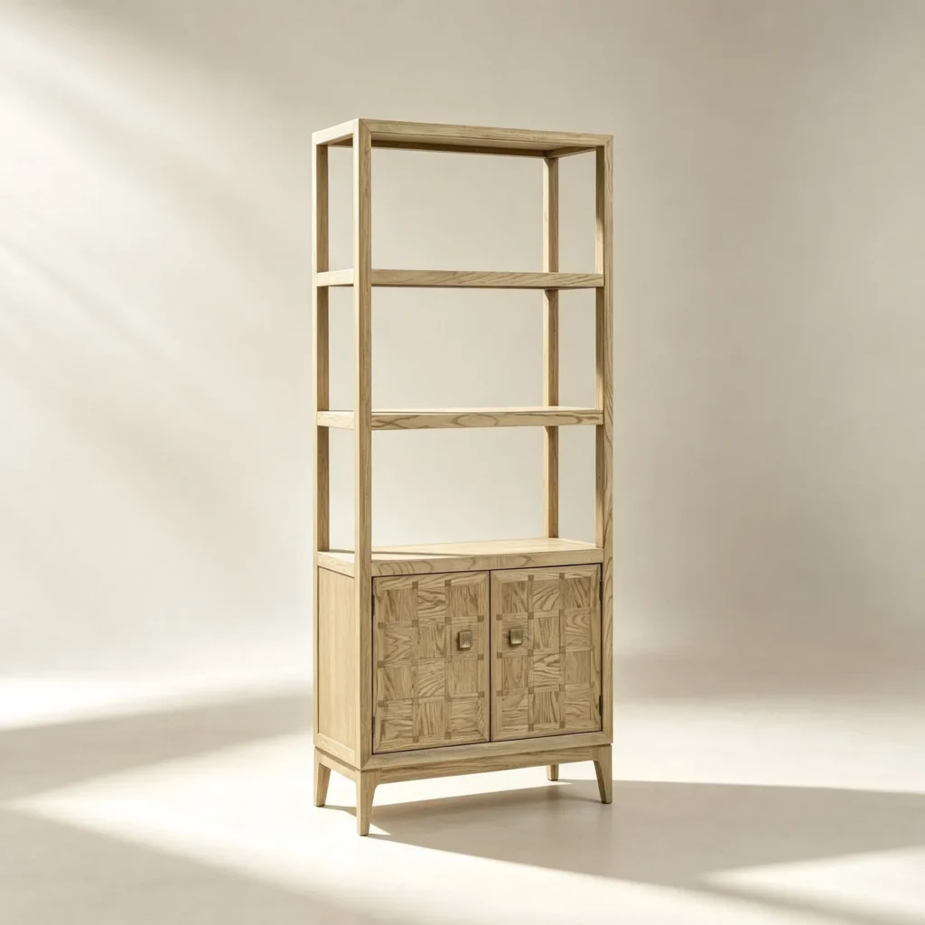 Oak Checkerboard Marquetry Open Tall Cabinet in natural oak — front view