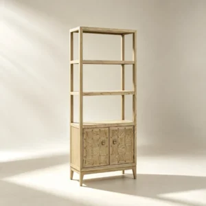 Oak Checkerboard Marquetry Open Tall Cabinet in natural oak — front view