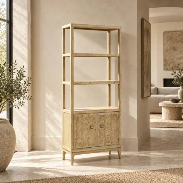 Oak Checkerboard Marquetry Open Tall Cabinet in natural oak — in a room setting