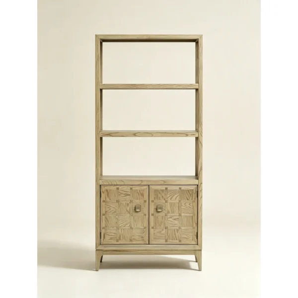 Oak Checkerboard Marquetry Open Tall Cabinet in natural oak — in a room setting