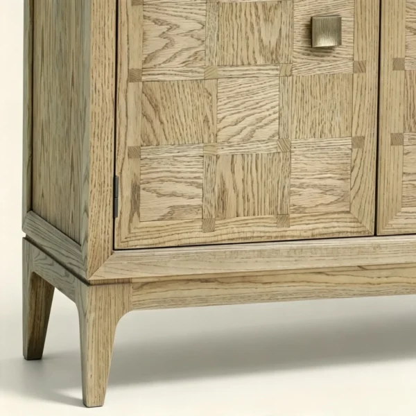Oak Checkerboard Marquetry Open Tall Cabinet in natural oak — in a room setting