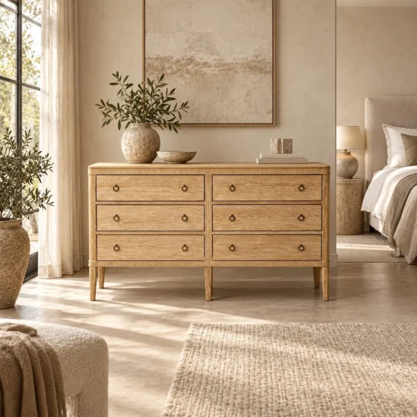 Whitewashed Oak Six-Drawer Dresser in natural oak — in a room setting