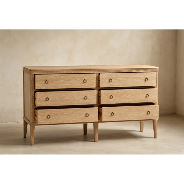 Whitewashed Oak Six-Drawer Dresser in natural oak — in a room setting