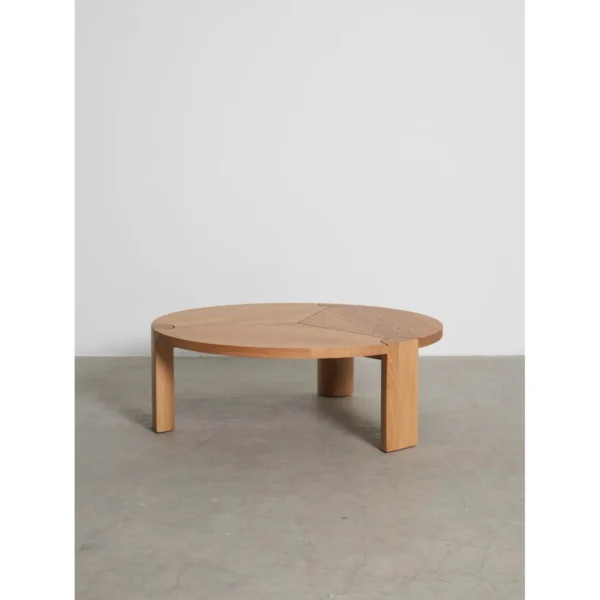 Oak Round Coffee Table with Three-Way Marquetry, 110 cm in natural oak — in a room setting