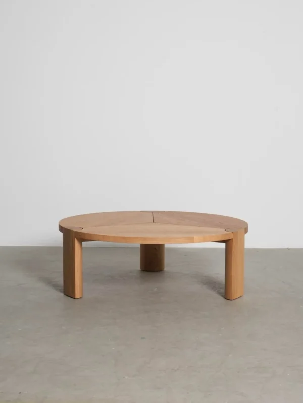 Oak Round Coffee Table with Three-Way Marquetry, 110 cm in natural oak — in a room setting