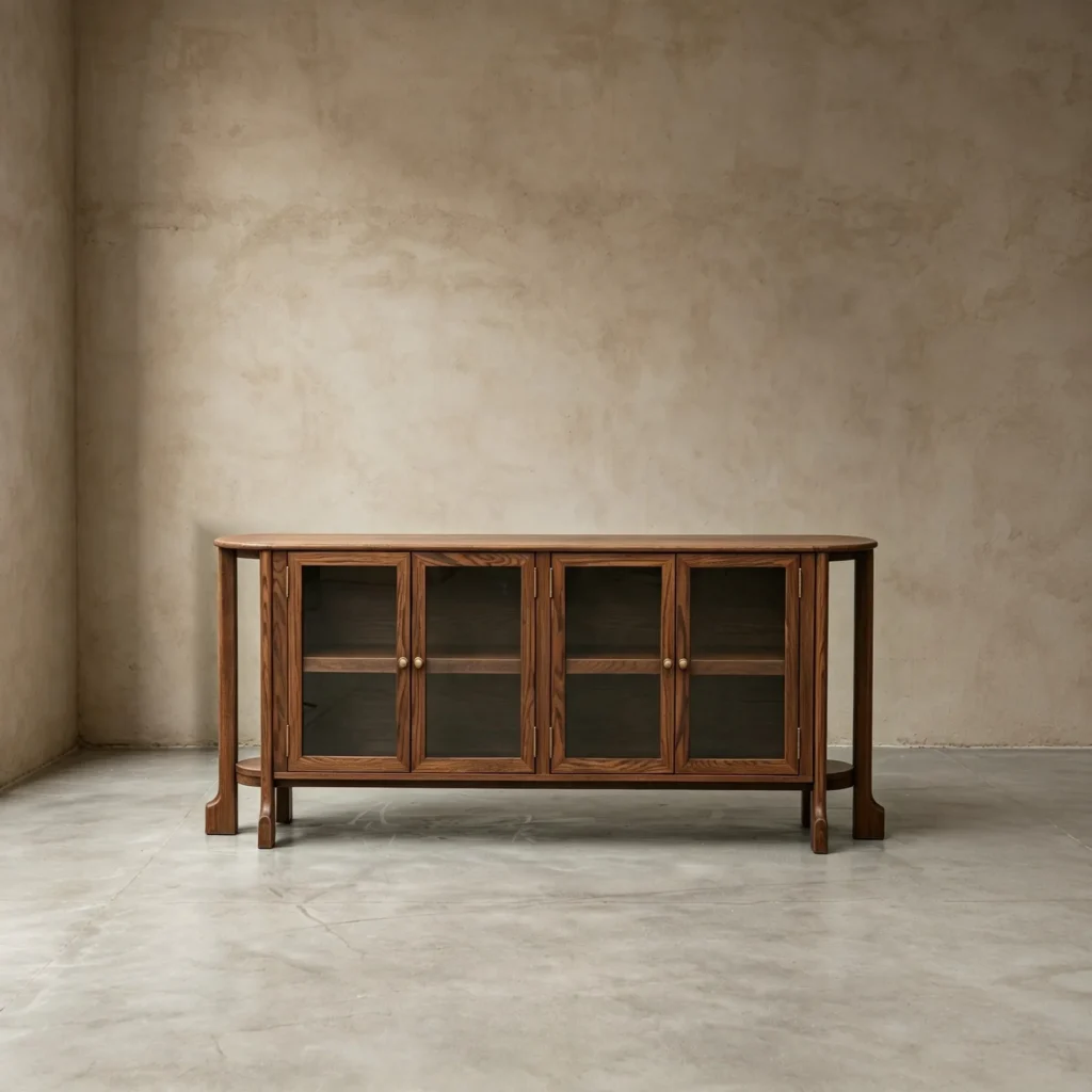 Oak Curved-Top Sideboard with Glass Doors and Brass Pulls in walnut — front view