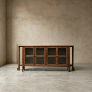 Oak Curved-Top Sideboard with Glass Doors and Brass Pulls in walnut — front view