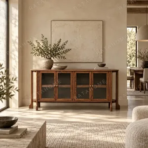 Oak Curved-Top Sideboard with Glass Doors and Brass Pulls in walnut — in a room setting
