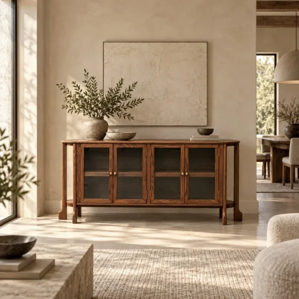 Oak Curved-Top Sideboard with Glass Doors and Brass Pulls in walnut — in a room setting