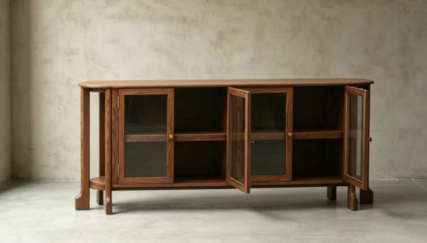 Oak Curved-Top Sideboard with Glass Doors and Brass Pulls in walnut — in a room setting