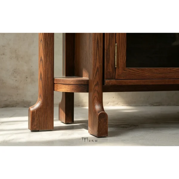 Oak Curved-Top Sideboard with Glass Doors and Brass Pulls in walnut — in a room setting