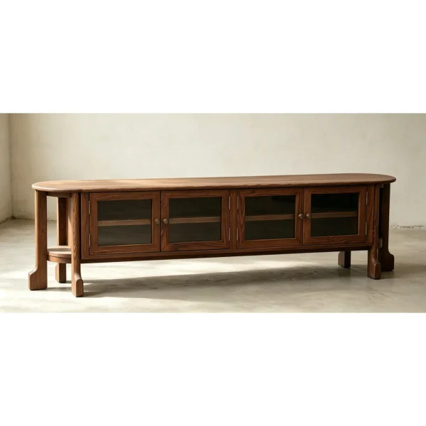Oak Curved TV Stand with Glass Doors and Sculpted Legs in walnut — in a room setting