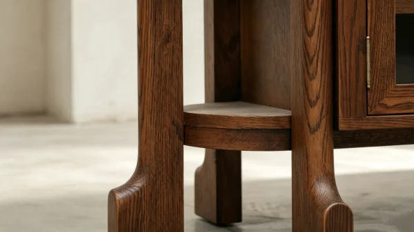 Oak Curved TV Stand with Glass Doors and Sculpted Legs in walnut — in a room setting
