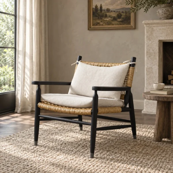 Black Oak Lounge Chair with Rattan Seat and Down Cushion in black — in a room setting