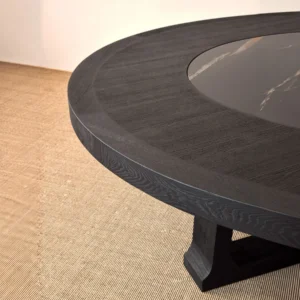 Matte Black Brushed Oak Round Table with Stone Lazy Susan in black — front view