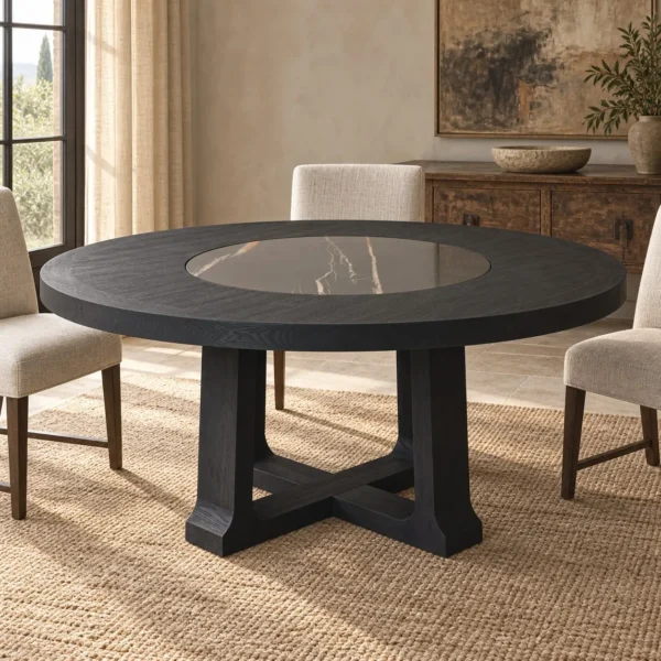 Matte Black Brushed Oak Round Table with Stone Lazy Susan in black — in a room setting