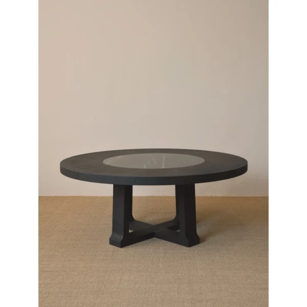 Matte Black Brushed Oak Round Table with Stone Lazy Susan in black — in a room setting
