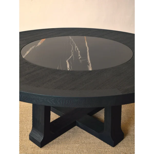 Matte Black Brushed Oak Round Table with Stone Lazy Susan in black — in a room setting