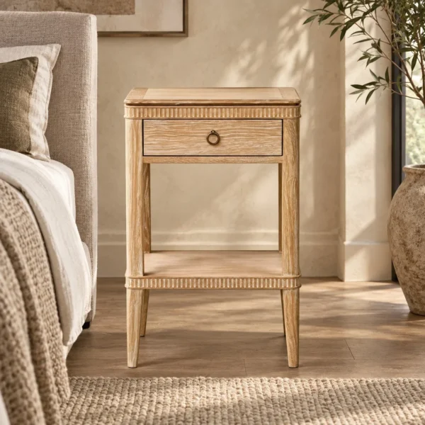 Whitewashed Oak French Nightstand with Shelf in natural oak — in a room setting