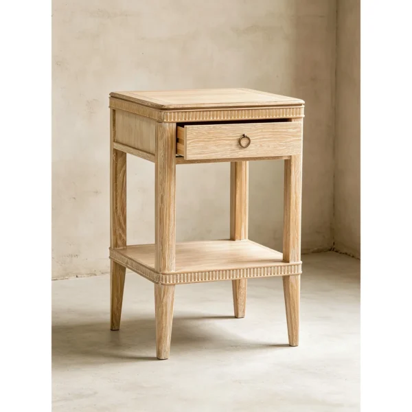 Whitewashed Oak French Nightstand with Shelf in natural oak — in a room setting