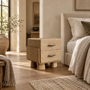 Hand-Chiselled White Oak Nightstand on Sculpted Legs in natural oak — in a room setting