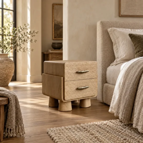 Hand-Chiselled White Oak Nightstand on Sculpted Legs in natural oak — in a room setting