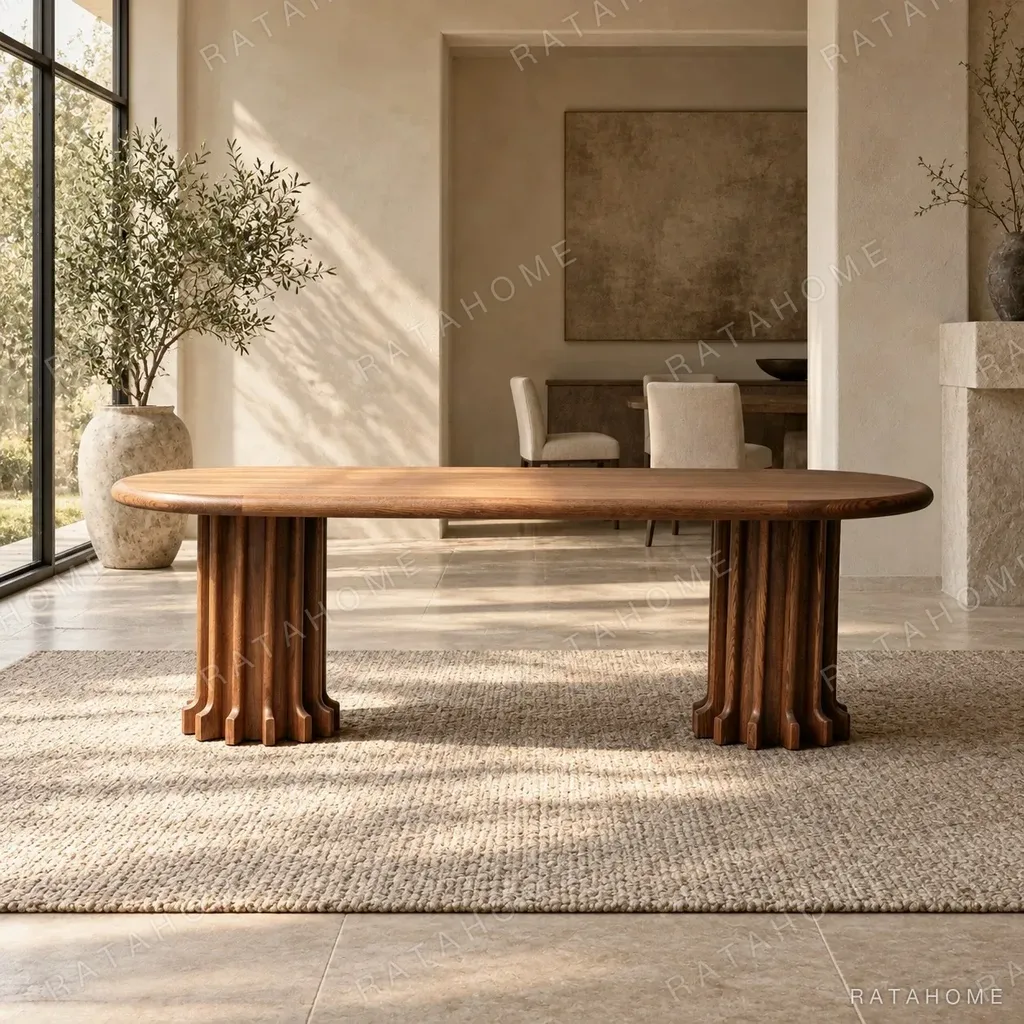 Oak Oval Dining Table on Fluted Post Bases in walnut — in a room setting