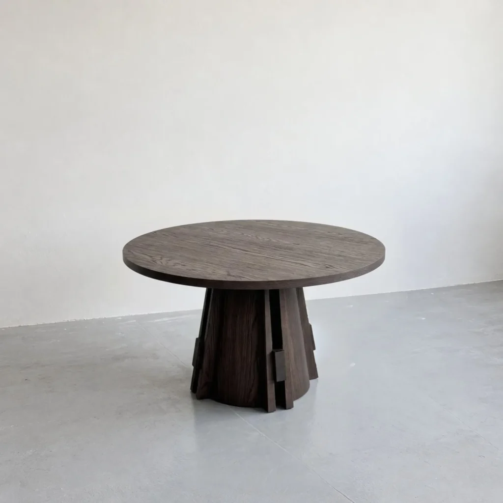 Dark Oak Round Table on Architectural Slab Base in walnut — front view