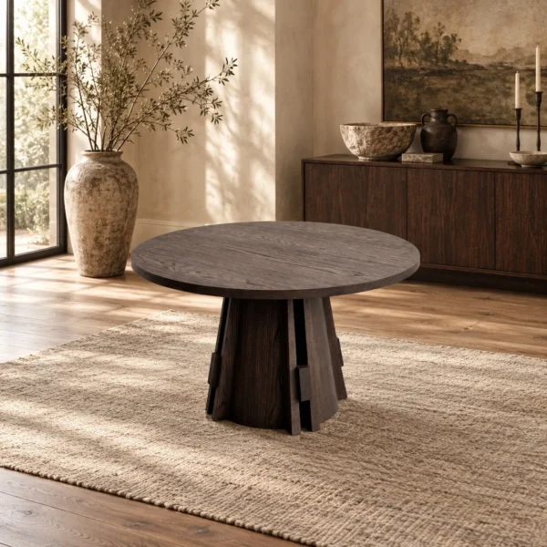 Dark Oak Round Table on Architectural Slab Base in walnut — in a room setting