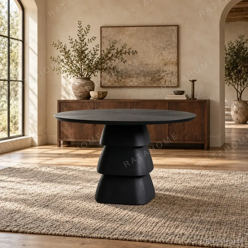 Black Oak Round Table on Stacked Sculptural Pedestal in black — in a room setting