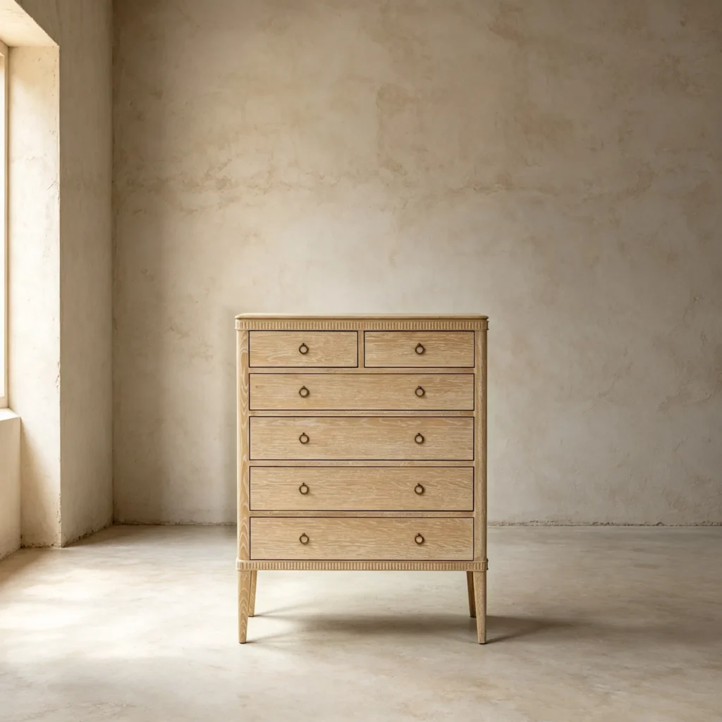 Whitewashed Oak Six-Drawer Tall Chest in natural oak — front view