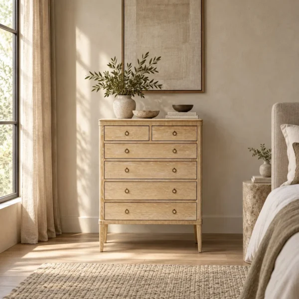 Whitewashed Oak Six-Drawer Tall Chest in natural oak — in a room setting