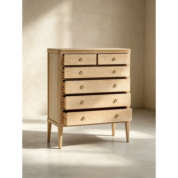 Whitewashed Oak Six-Drawer Tall Chest in natural oak — in a room setting