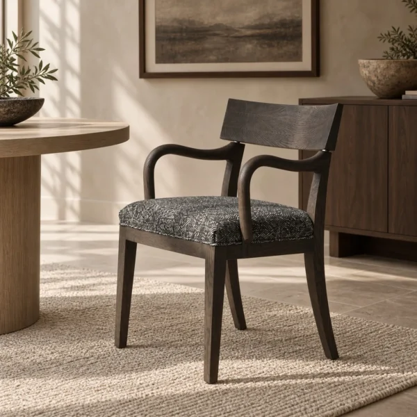 Smoked Oak Dining Armchair with Grey Seat in slate — in a room setting