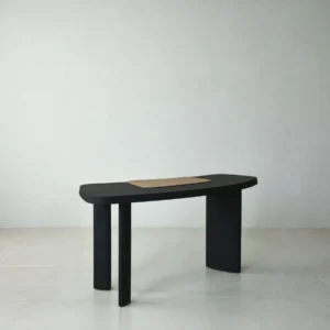 Matte Black Oak Desk with Curved End and Leather Inset in black — front view