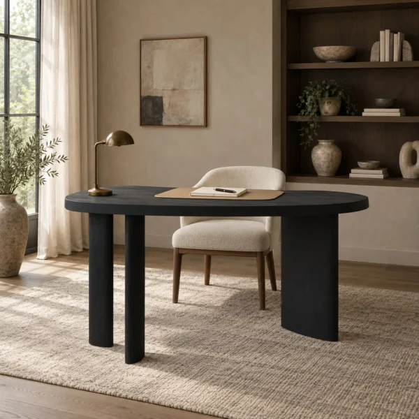 Matte Black Oak Desk with Curved End and Leather Inset in black — in a room setting