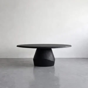 Matte Black Oak Round Dining Table on Faceted Pedestal in black — front view