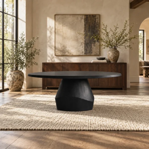 Matte Black Oak Round Dining Table on Faceted Pedestal in black — in a room setting
