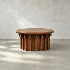 Oak Vertical Ridge Round Coffee Table in Dark Vintage Stain — front view