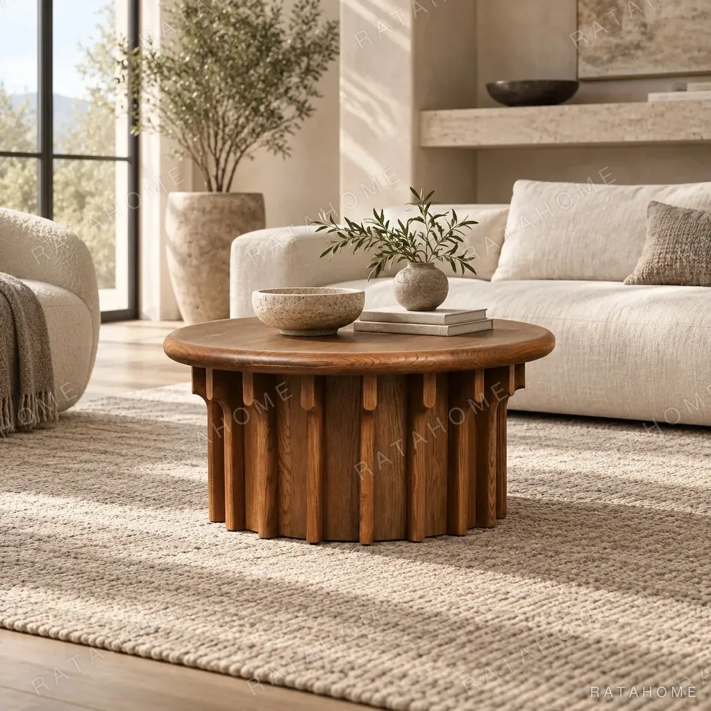 Oak Vertical Ridge Round Coffee Table in Dark Vintage Stain — in a room setting