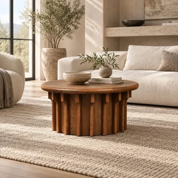 Oak Vertical Ridge Round Coffee Table in Dark Vintage Stain — in a room setting