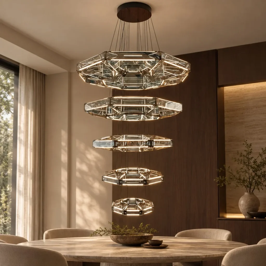 Octagonal Prism Halo Five Ring Chandelier, 115 cm in silver — front view