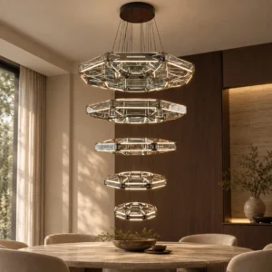 Octagonal Prism Halo Five Ring Chandelier, 115 cm in silver — front view