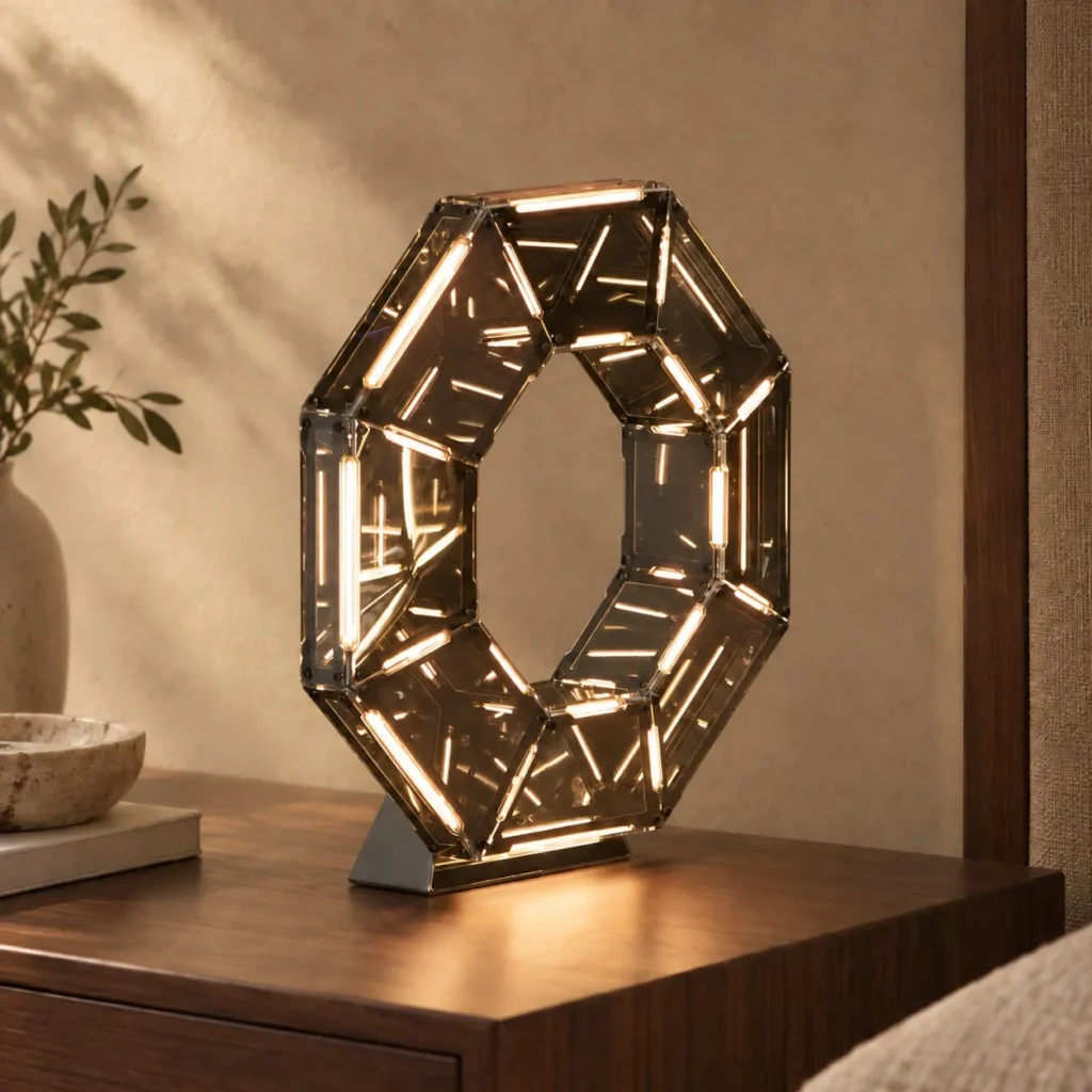 Octagonal Prism Halo Table Lamp in Smoked Glass — front view
