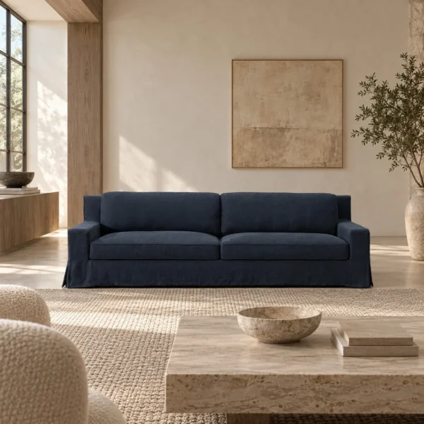 Slipcovered Sofa in Navy Matte Linen — in a room setting