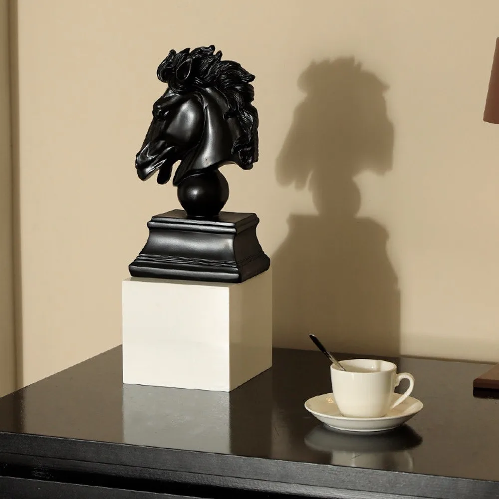 Black Horse Head Bust on Stepped Plinth in black — front view