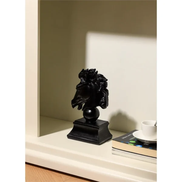 Black Horse Head Bust on Stepped Plinth in black — in a room setting
