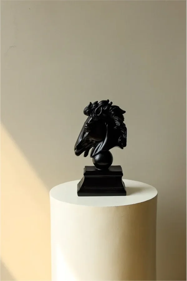 Black Horse Head Bust on Stepped Plinth in black — in a room setting