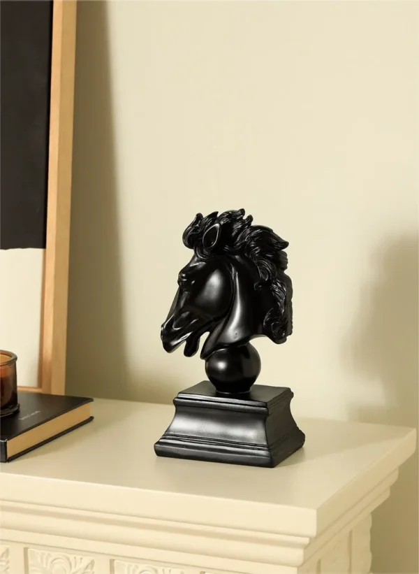 Black Horse Head Bust on Stepped Plinth in black — in a room setting